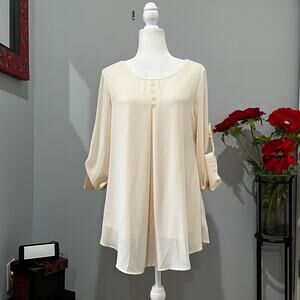 NEW Cestyle Pintuck Henley Layered Chiffon Longline Scoop Relaxed Tunic Blouse M